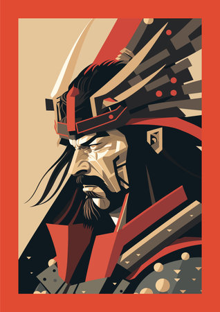 Samurai warrior with sword and helmet. flat color Vector illustration in retro style.のイラスト素材