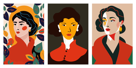 set of cards with portraits of beautiful women in retro style flat vector illustration