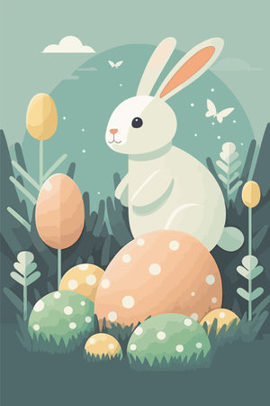 rabbit easter. Happy Easter! Easter bunnies and egg in field vector flat color illustration for invitation greeting cardのイラスト素材