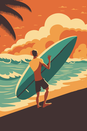 man surfer surfing on big wave in beautiful ocean beach on summer flat color vectorのイラスト素材