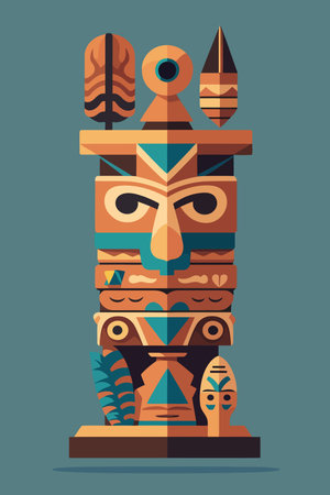 Colored Indian Wooden totem pole with tiki mask and eagle. Vector cartoon flat illustration for wall art print posterのイラスト素材