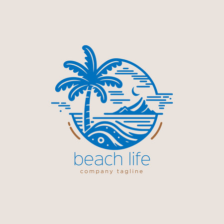 Beach line logo template. Vector illustration with palm tree and waves. Vintage monoline logo styleのイラスト素材