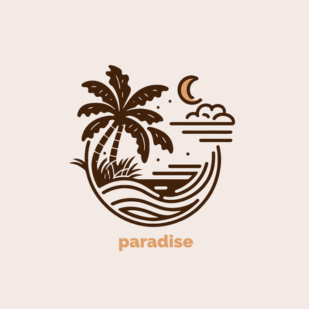Palm tree and sunset on the beach. Vector illustration in linear style. Vintage monoline logo styleのイラスト素材