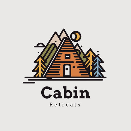 Cabin logo design template. Vector illustration of a log cabin in the mountains. Travel Outdoor Logoのイラスト素材