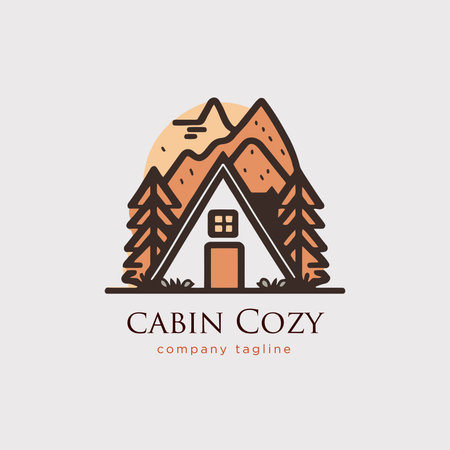 Cabin logo template. Vector illustration of a log cabin in the mountains. Travel Outdoor Logoのイラスト素材