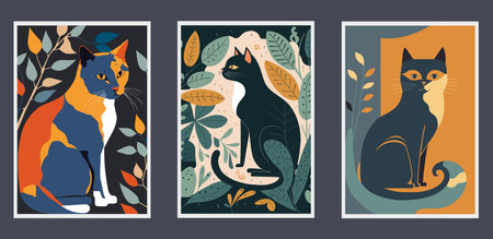 Set of posters with cats and leaves. Vector illustration in flat styleのイラスト素材