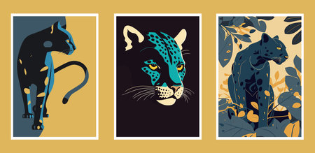 Set of hand drawn vector illustrations of leopard, jaguar, pantherのイラスト素材
