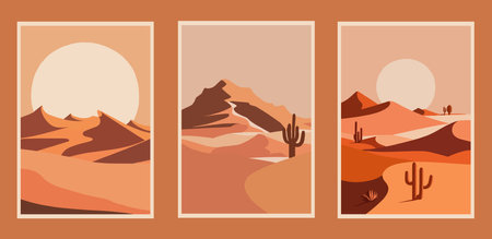 Set of desert landscapes. Vector illustration in flat style. Templates for posters, placards, brochuresのイラスト素材