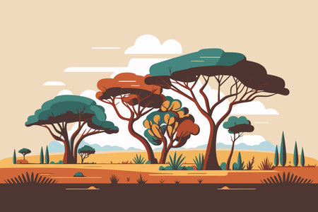 African savannah landscape with trees and bushes. Flat vector illustration.のイラスト素材