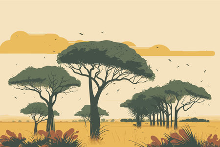 African savannah landscape with silhouettes of trees and grass. Vector illustration.のイラスト素材