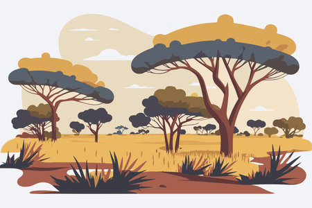 African savannah landscape with trees and bushes. Vector illustration in flat styleのイラスト素材