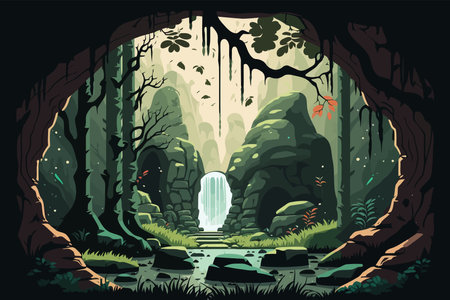 Illustration of a fantasy forest with a waterfall in the middle.のイラスト素材