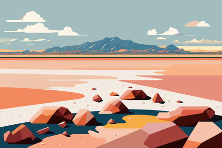 Landscape with red sand beach and mountains. Vector illustration in flat styleのイラスト素材
