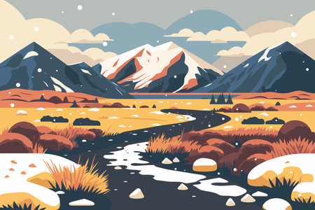 Landscape with mountains and river, vector illustration in flat style.のイラスト素材