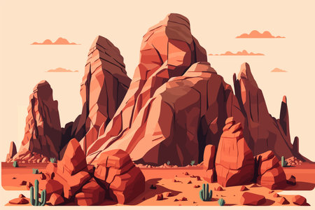 Desert landscape with red rocks and cactuses. Vector illustrationのイラスト素材