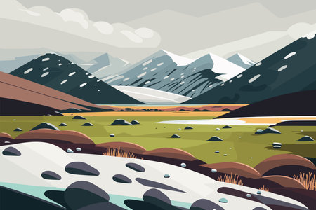 Mountain landscape with river and snow-capped mountains. Vector illustrationのイラスト素材
