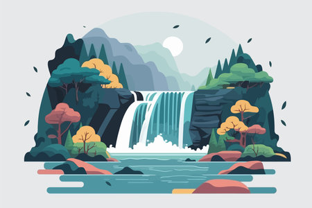 Waterfall flat vector illustration. Waterfall on the river. Waterfall in the forest. Nature landscape.のイラスト素材