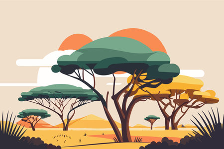 African savannah landscape with trees and bushes. Flat style vector illustration.のイラスト素材