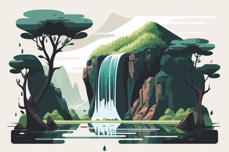 Vector illustration of a waterfall in the jungle. Flat style design.のイラスト素材