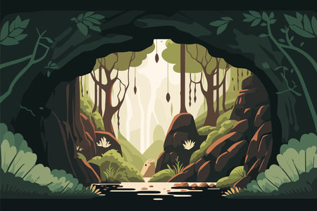 Vector illustration of a cave with a river in the forest. Flat style.のイラスト素材