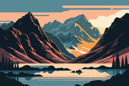 Mountains and lake. Vector illustration in flat style. Nature landscape. A mountain range with a lake in the valleyのイラスト素材