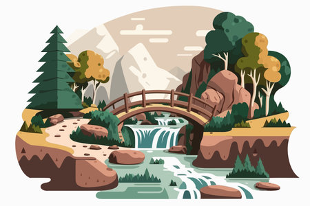 Landscape with waterfall and bridge. Vector illustration in flat style. A river with a small waterfall and a log bridgeのイラスト素材