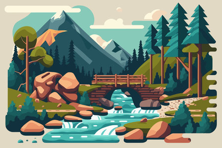 Mountains landscape with river and wooden bridge. Vector illustration in flat style. A river with a small waterfall and a log bridgeのイラスト素材