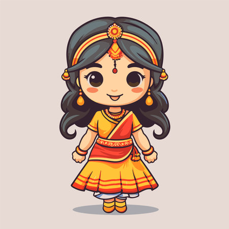 Indian girl in traditional costume. Cute cartoon character. Vector illustration.のイラスト素材