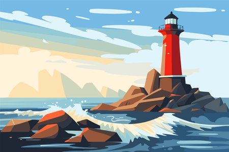 Lighthouse on a rocky coast. Vector illustration in flat style.のイラスト素材