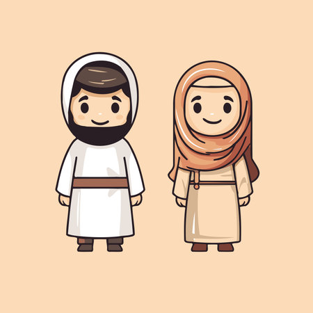 Cute cartoon muslim couple in traditional clothes. Vector illustration.のイラスト素材