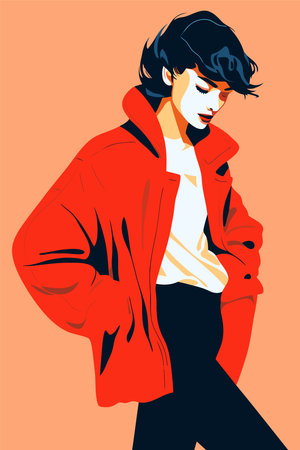 Fashionable young woman in a red coat. Vector illustration.のイラスト素材