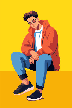 Stylish young man in casual clothes sitting on the floor. Vector illustrationのイラスト素材