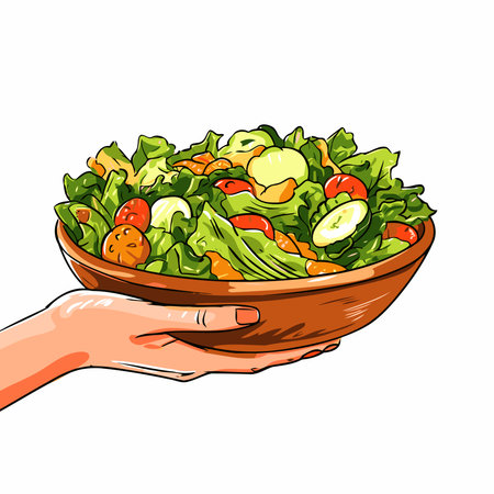 Hand holding bowl of salad. Vector illustration of fresh vegetable salad.のイラスト素材