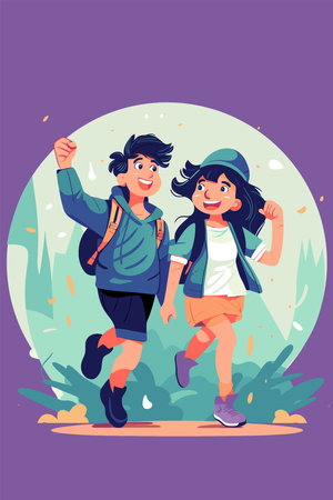Happy smiling boy and girl with backpacks in the park. Vector illustrationのイラスト素材
