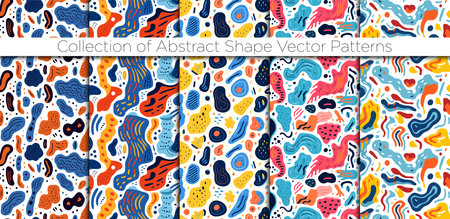 Set of vector seamless patterns with abstract shapes. Colorful hand drawn backgrounds.のイラスト素材