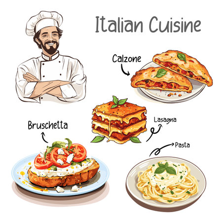Italian cuisine. Illustration of Italian cuisine. Vector illustration of Italian cuisine.のイラスト素材