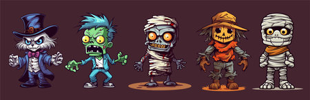 Halloween zombie cartoon characters. Vector illustration of a set of zombies.のイラスト素材