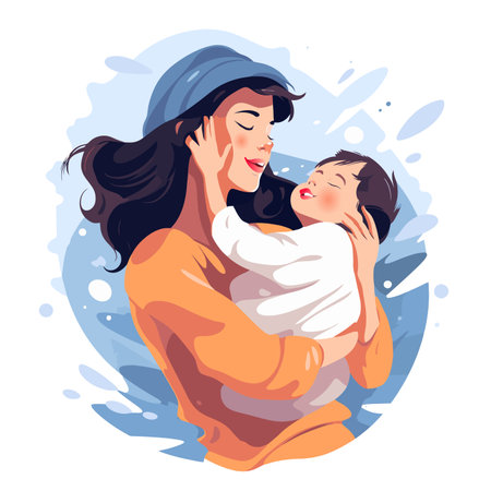 Mother holding her baby in her arms. Vector illustration in cartoon style.のイラスト素材