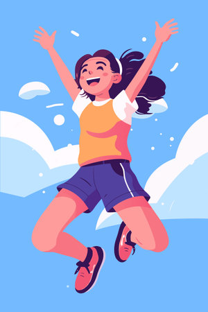 Happy little girl jumping in the air with raised hands. Vector illustration.