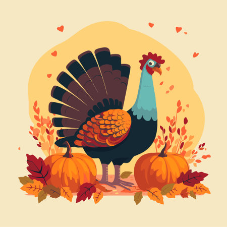 Thanksgiving turkey with pumpkins and autumn leaves. Vector illustration.のイラスト素材