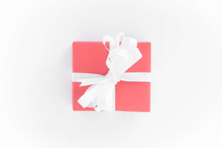 top view red gift box on white backgroundの写真素材