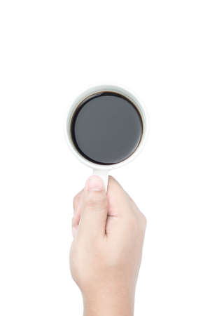 yellow brown skin tone hand holding white coffee cup on isolated backgroundの写真素材