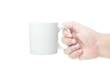 right yellow brown skin hand side holding white coffee cup on isolated background