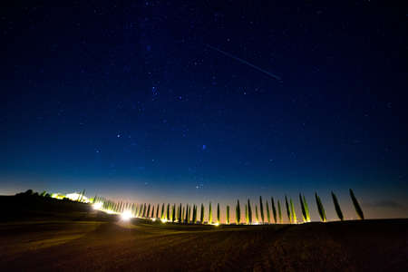 Italy. Tuscany. Cloudless starry sky above a cypress alley with backlightの写真素材