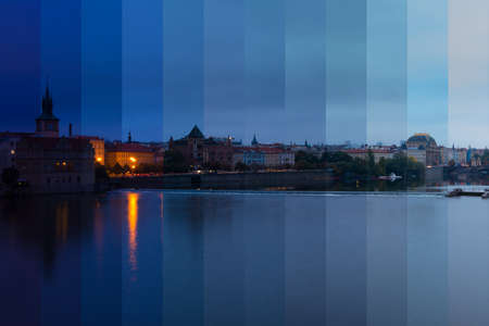 Czech Republic. Prague. Cloudy morning over the Vltava river. Fantastic Collage