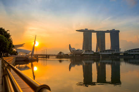 Singapore downtown at morning. Marina Bay, Sands Skypark and ArtScience Museumのeditorial素材