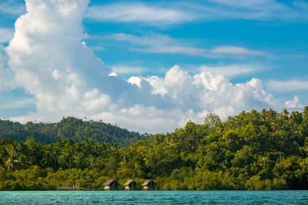 Indonesia. Coast of the tropical island, overgrown with rainforest. Sunny Weather. Three huts on...