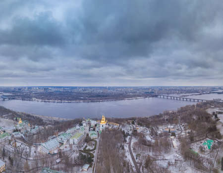 Ukraine. Kiev. Early winter. Overcast. The city and the Dnieper River. Aerial viewの写真素材