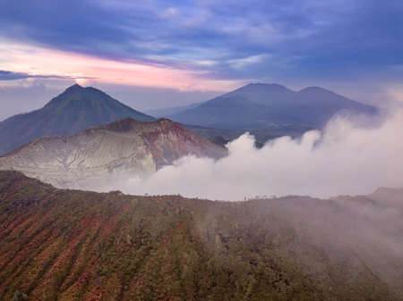 Indonesia. Java Island. Early morning over the active sulfur volcano Ijen. Aerial viewの写真素材