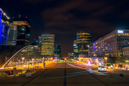France. Paris. Night district La Defense. Large pedestrian square surrounded by modern skyscrapersの写真素材